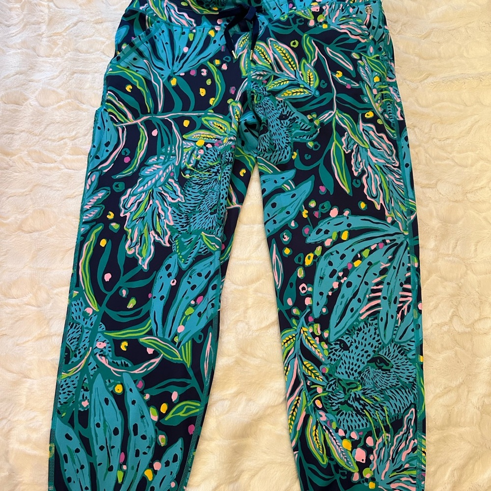 Lilly Pulitzer Blue and Green Leaf Print Joggers